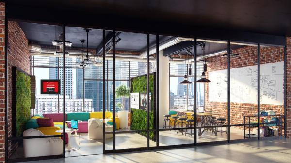 Przestrzeń kreatywna w dawnej fabryce Norblina, Aranżacja otwartej przestrzeni w Art Norblin, wiz. Capital Park