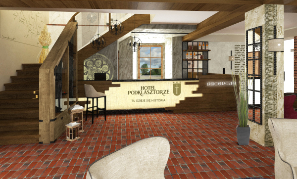 Koncepcja nowej recepcji w obiekcie Best Western Plus Hotel Podklasztorze autorstwa pracowni ET Studio.