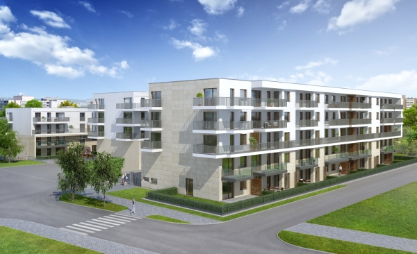 Projekt inwestycji zakłada budowę trzech czteropiętrowych skrzydeł, w kt&oacute;rych znajdzie się 155 mieszkań, wiz. Echo Investment