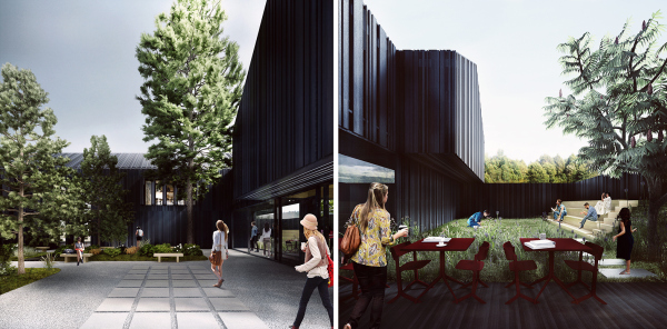 Dziedziniec zewnętrzny i wewnętrzny w zwycięskim projekcie budynku edukacyjnego w ogrodzie botanicznym Marszewo autorstwa Mado Architekci, wiz. UM Gdynia. Dziedziniec zewnętrzny i wewnętrzny w zwycięskim projekcie budynku edukacyjnego w ogrodzie botanicznym Marszewo autorstwa Mado Architekci, wiz. UM Gdynia.