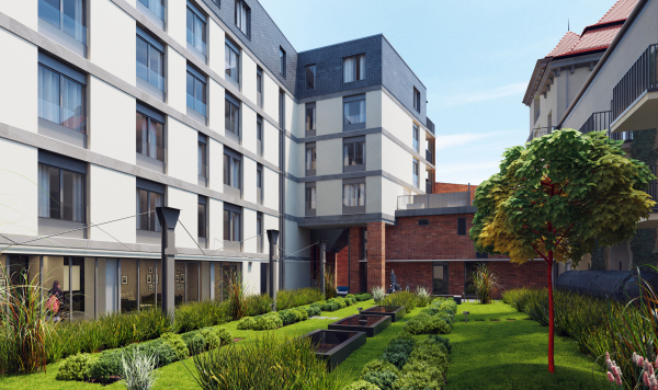 Na wewnętrznym dziedzińca Wawrzyńca 19 powstanie ogród dla mieszkańców kompleksu apartamentowca, wiz. materiały inwestora. Na wewnętrznym dziedzińca Wawrzyńca 19 powstanie ogród dla mieszkańców kompleksu apartamentowca, wiz. materiały inwestora.