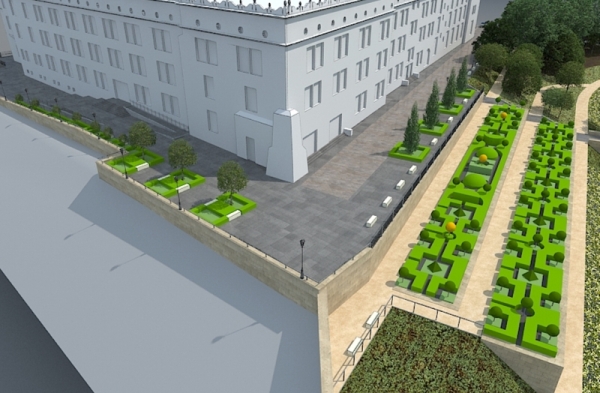 Projekt przebudowy i aranżacji taras&oacute;w wok&oacute;ł Zamku Książąt Pomorskich w Szczecinie przygotowała pracownia Compono, wiz. Urząd Marszałkowski Wojew&oacute;dztwa Zachodniopomorskiego.