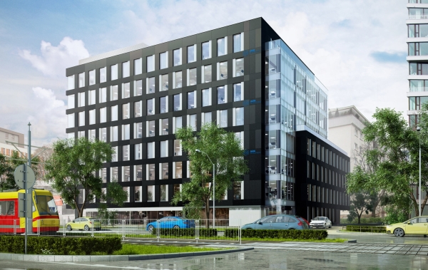 Biurowiec Gr&oacute;jecka Offices, kt&oacute;ry powstaje w Warszawie, będzie gotowy w II kwartale 2017 r., wiz. OKRE Development.