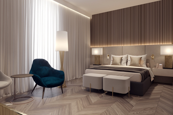 Wnętrze pokoju hotelowego Crown według koncepcji pracowni Tremend, wiz. Ghelamco Wnętrze pokoju hotelowego Crown według koncepcji pracowni Tremend, wiz. Ghelamco
