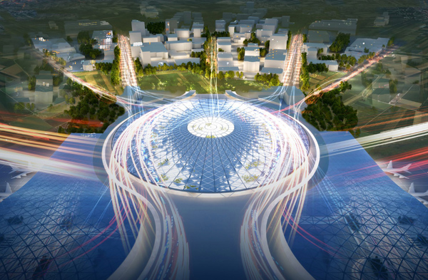 Koncepcja „demokratycznego hubu” biura Grimshaw. Koncepcja „demokratycznego hubu” biura Grimshaw.