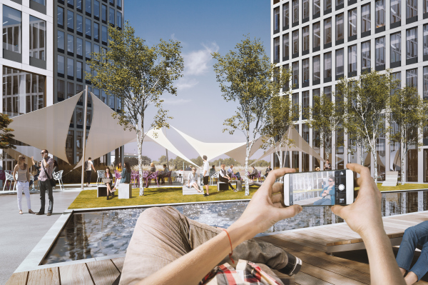 Pomiędzy budynkami zaplanowano zielony dziedziniec.