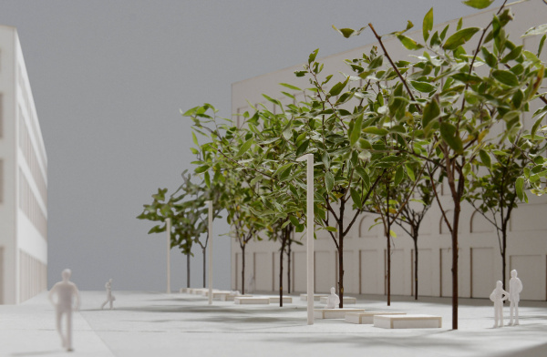 Widok od ul. Szpitalnej na Plac Pięciu Rogów w Warszawie - zwycięska koncepcja Kacpra Ludwiczaka, wiz. UM Warszawa. Widok od ul. Szpitalnej na Plac Pięciu Rogów w Warszawie - zwycięska koncepcja Kacpra Ludwiczaka, wiz. UM Warszawa.