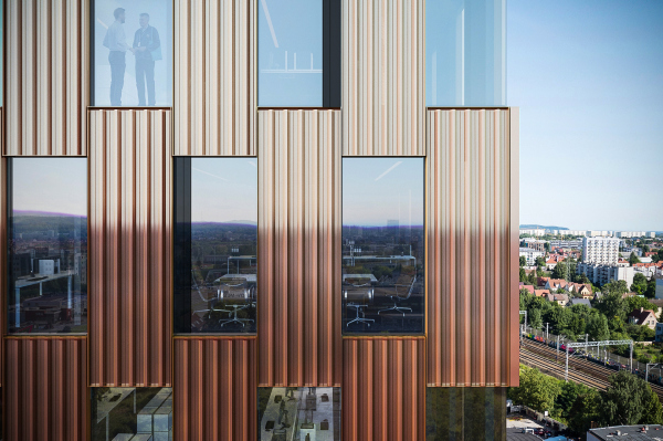 Elewacja biurowc&oacute;w Wave nawiązuje do industrialnych portowych kontener&oacute;w, wiz. Skanska